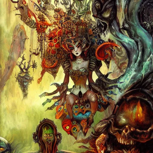 Image similar to princes of hell in alice in wonderland tripping on ayahuasca with faces in the background, intricate detail, painting, royo, frazetta, whealan,