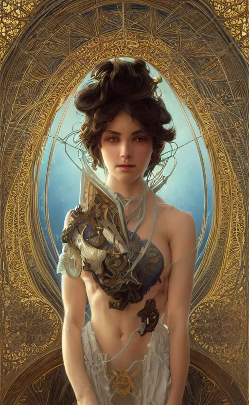 Image similar to symmetry!! portrait of beauty of heaven, intricate, elegant, highly detailed, digital painting, artstation, concept art, smooth, sharp focus, illustration, art by artgerm and ross tran and greg rutkowski and alphonse mucha, 8 k