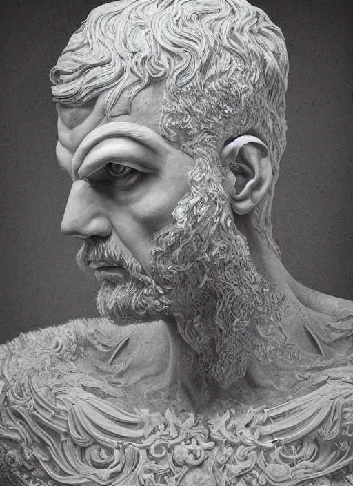 Image similar to portrait of the greek god janus, hyper realistic, silver, cinematic lighting, studio portrait against a black background, modern fine art, fractal, intricate, elegant, highly detailed, digital photography, subsurface scattering, in the style of ghost, by jheronimus bosch and yue minjun and giger and greg rutkowski,