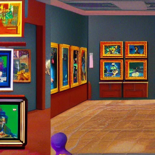 Image similar to this was the first virtual art museum in a video game, made in 1 9 9 0, detailed