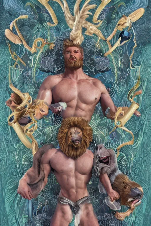 Image similar to hyperreality illustrator from karah mew in collaboration with jennifer mccord and tetsuya nomura, depicting hercules against the cremean lion, this image is very detailed, very realistic, incrinate, boroque, complex, and also very aesthetic, winning an award as the best pop art illustration of this century.