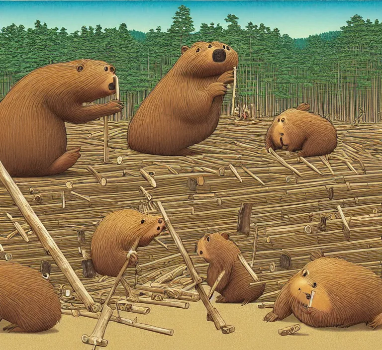 Image similar to photography hyperrealism concept art of anthropomorphic beavers builders that building city with sticks by hasui kawase