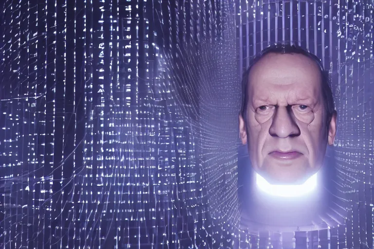 Image similar to an ultra realistic colour cinematic headshot portrait of an evil scientist, stood inside a futuristic lab, colour, detailed, deep focus, movie still, dramatic lighting, ray tracing, by werner herzog and ryoji ikeda