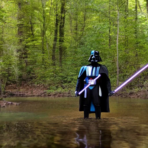 Prompt: Darth Vader fishing while standing in a creek in a forest