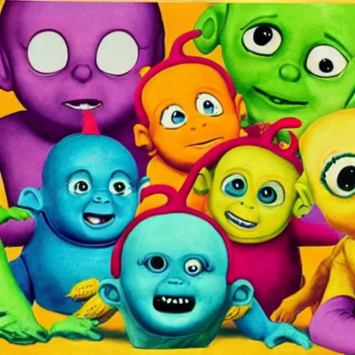 Image similar to Tellie-Tubbies, monster, surrealist, concept art