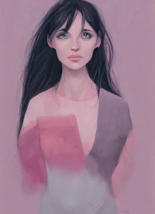 Prompt: half body portrait, woman, pink and grey clouds, by loish, trending on artstatio