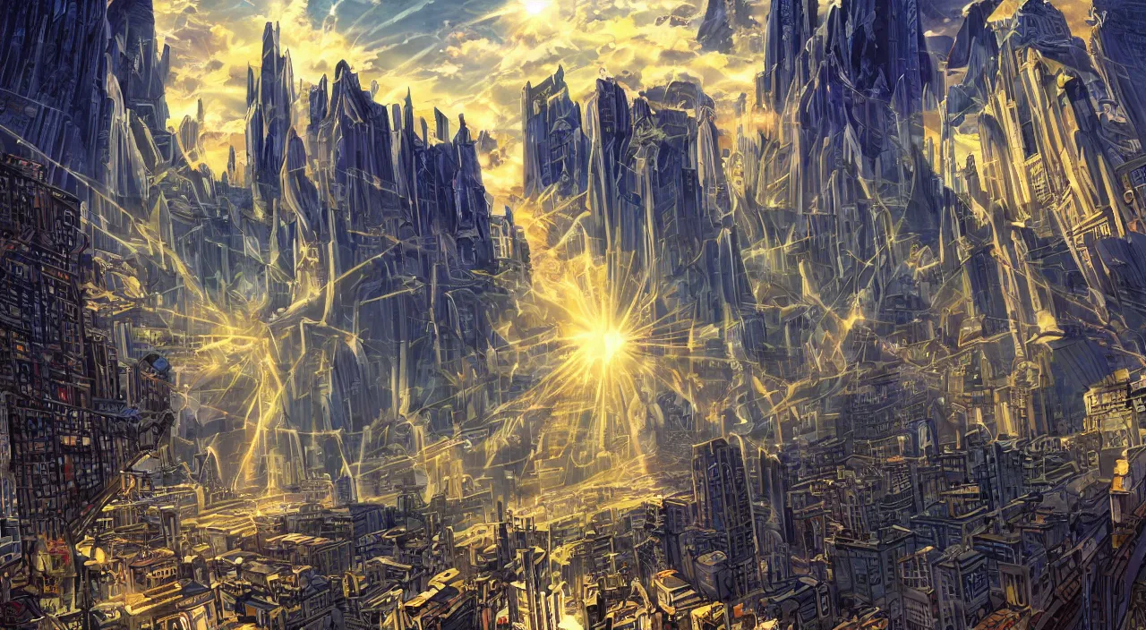 Image similar to fortress accadamy of tower cristal a spectacular view cinematic rays of sunlight comic book illustration, by john kirby