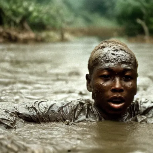 Prompt: 1 8 year old black boy soldier, rising out of muddy vietnam river, face covered in mud, low camera angle at water level, night time, film still from apocalypse now ( 1 9 7 9 ), 2 6 mm,