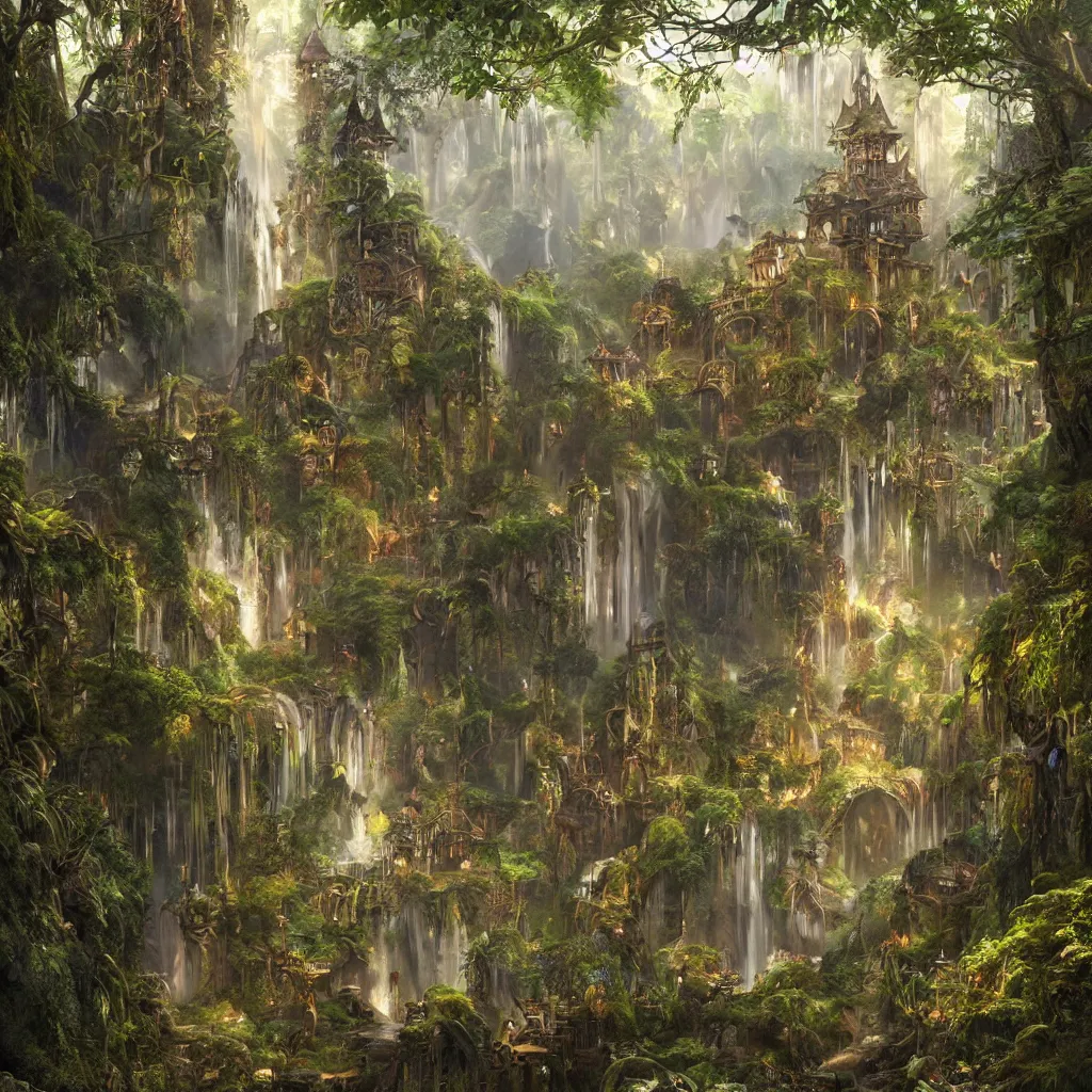 Prompt: fox in a fairy palace, castle towers, sunbeams, gothic towers, Japanese shrine waterfall, gold and gems, gnarly details, lush vegetation, forest landscape, painted by tom bagshaw, raphael lacoste, eddie mendoza, alex ross concept art matte painting