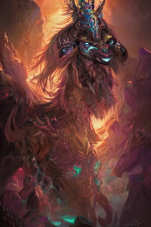 Prompt: Hyperdetailed masterpiece concept art of Llama warrior of the Incas hyperdetailed concept art by Ross Tran, high quality DnD illustration, trending on ArtStation, all rights reserved Wizards of the Coast. Neon highlights