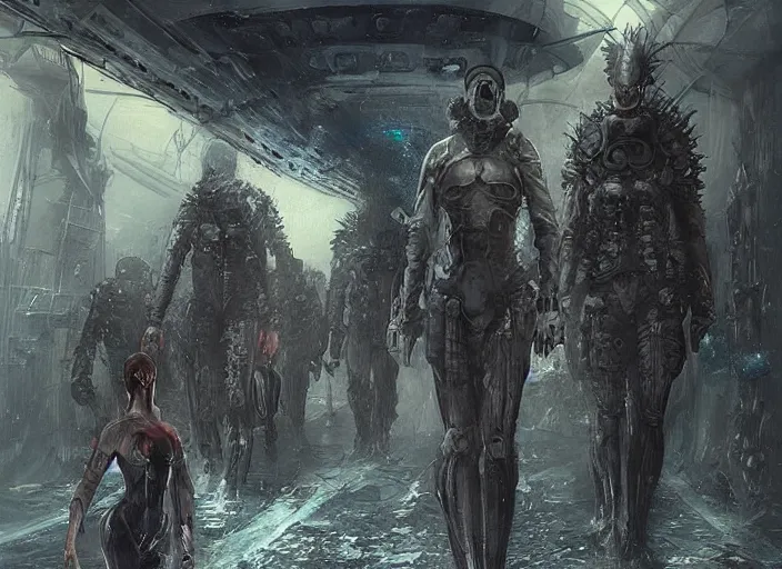 Prompt: concept art of group of high tech nomands from the future exploring submarine, dystopian atmosphere, apocalyptic road warrior vibe, an ultrafine detailed painting by by karol bak and filip hodas, trending on deviantart, pop surrealism, whimsical, lowbrow, perfect symmetrical face, sharp focus, octane, masterpiece, art by hans giger and wayne barlowe