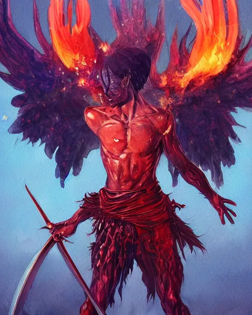 Image similar to a oil / watercolor painting full body character portrait of a demonic angel wielding a broken sword coated in fire in the style of moebius in the style of leonard boyarsky trending on artstation deviantart pinterest detailed photorealistic highlights and shadow hd 8 k post - processing high resolution