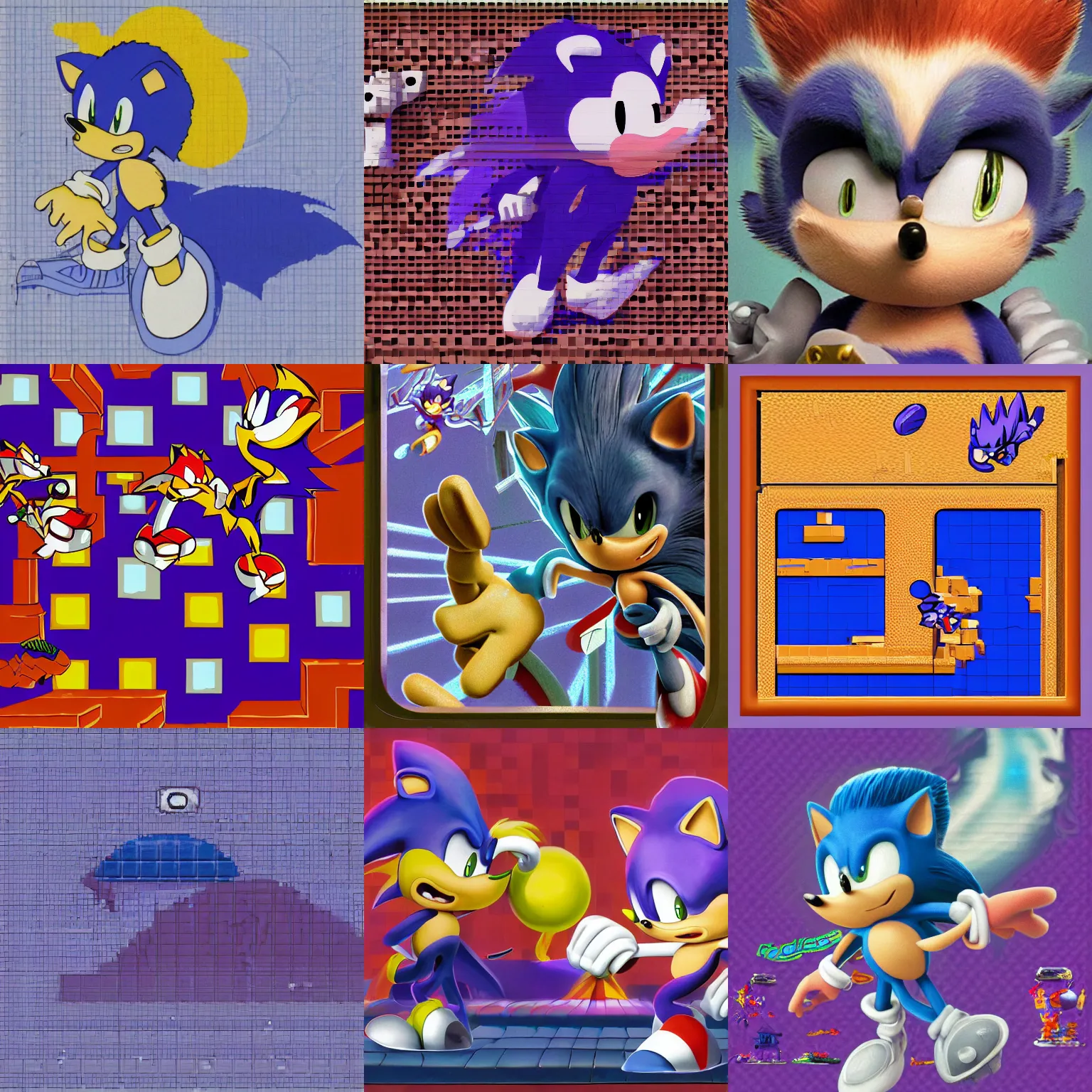 Prompt: sonic hedgehog portrait deconstructivist claymation untextured matte painting lowbrow of a surreal sonic hedgehog, retro moulded professional soft pastels quality airbrush art album cover of a liquid dissolving airbrush art dreams sonic the hedgehog swimming through dreams purple fisheye checkerboard background 1 9 9 0 s 1 9 9 2 sega genesis video game album cover