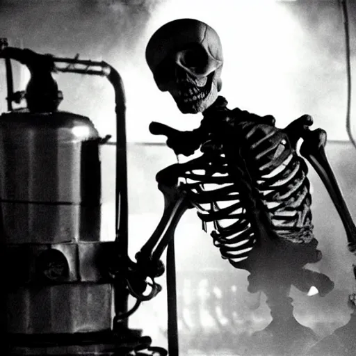 Image similar to a skeleton working in a distillery. still from blade runner