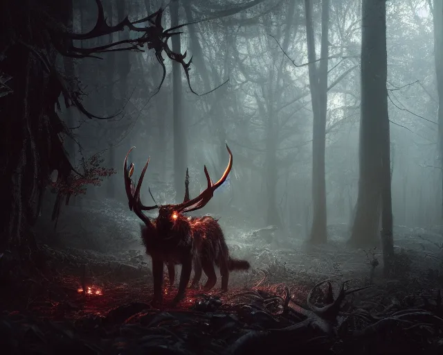 Image similar to 5 5 mm portrait photo of an armored demonic cat with antlers, in a magical forest. dark atmosphere. art by greg rutkowski. highly detailed 8 k. intricate. lifelike. soft light. nikon d 8 5 0.