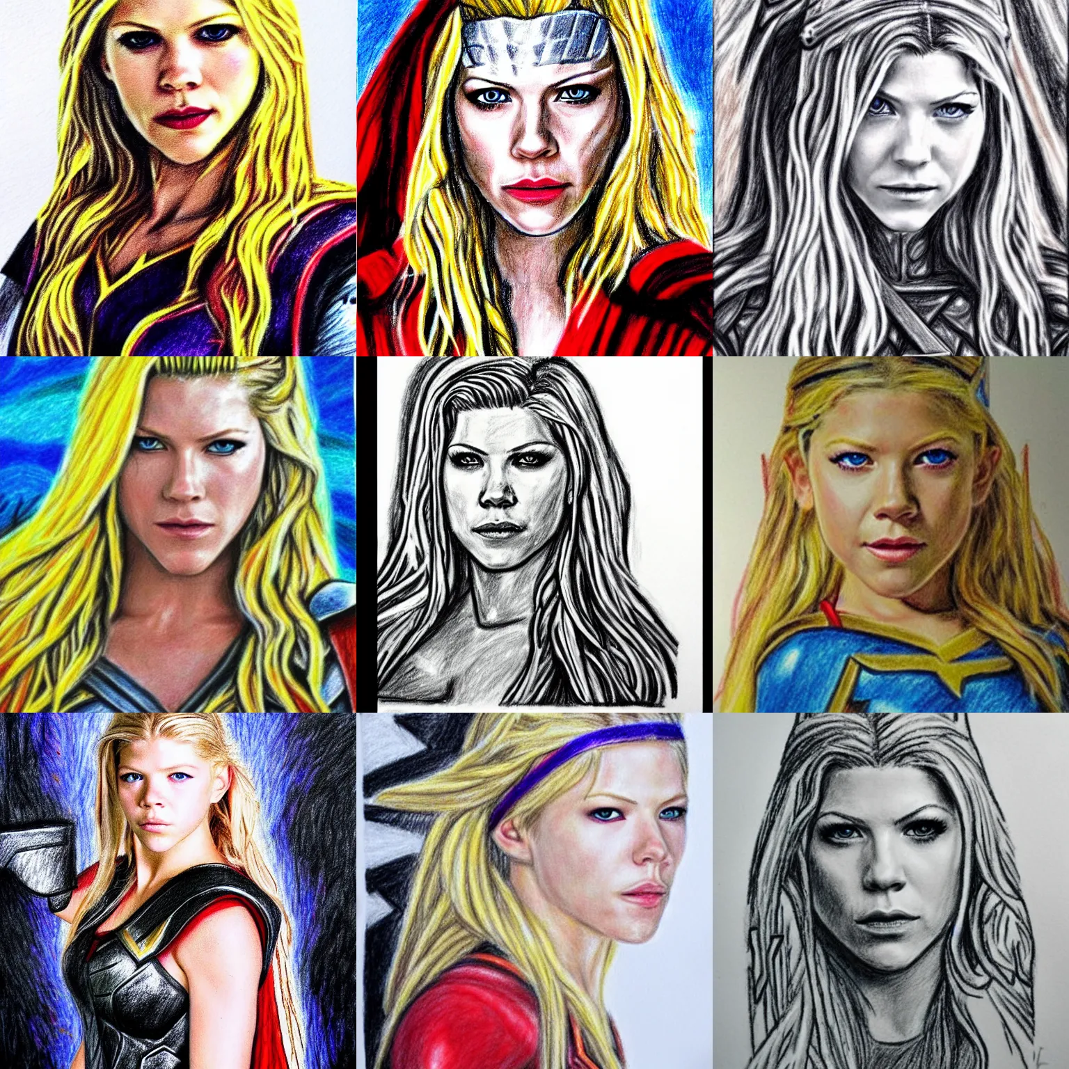 Prompt: Katheryn Winnick as Lady Thor, crayon drawing, art by a blind child