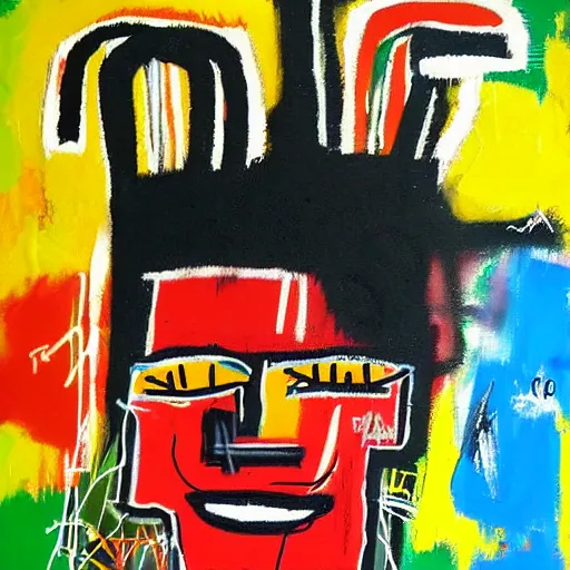 Prompt: typical graffiti painting made by Jean-Michel Basquiat pastel colora black trait zine word original inspired