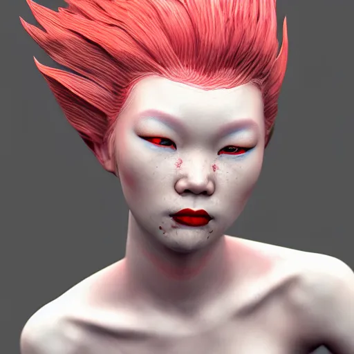 Image similar to albino Asian mermaid , unreal engine octane, red and white, portrait, gliter, depth of field, 8k, hyper detailed, intrin ate, trending on artstation