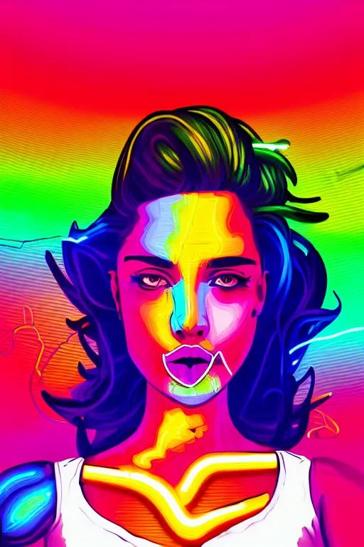 Image similar to a award winning half body portrait of a beautiful woman with stunning eyes in a croptop and cargo pants with smoking hair in rainbow colors, outlined by whirling illuminated neon lines, outrun, vaporware, shaded flat illustration, digital art, trending on artstation, highly detailed, fine detail, intricate