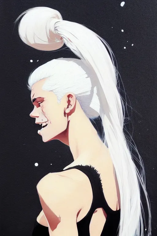 Image similar to a ultradetailed beautiful painting of a stylish woman in with white hair in a ponytail, she is wearing a black tank top, by conrad roset, greg rutkowski and makoto shinkai trending on artstation