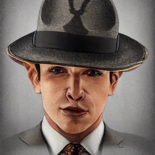 Image similar to a upper body portrait of a deer in a pinstriped suit and pants wearing a fedora with the antlers sticking out of the fedora by artgerm and wlop, intricate detail, digital art, photorealistic, trending on artstation