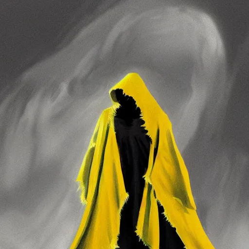 Prompt: An eerie figure wearing frayed yellow hooded robes. Detailed. Black Solar Eclipse in background. Dark Tone. Artstation. Concept art