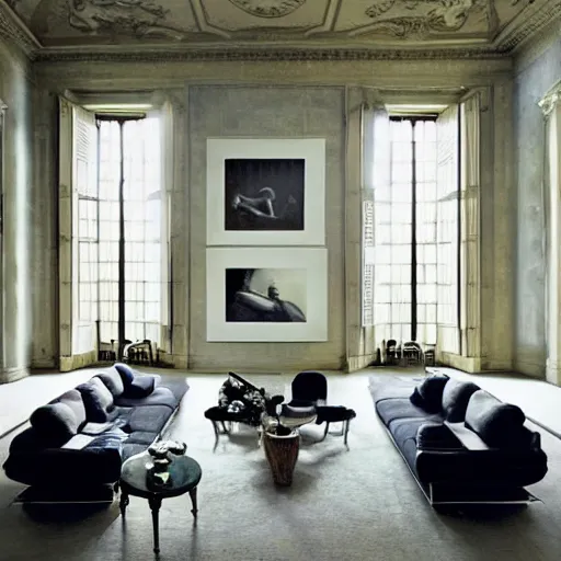 Image similar to giant Italian modern castle living room, clean minimalist design, that is 1300 feet tall, with very tall giant walls filled with modern art paintings, doors that are cosmic portals, photo by Annie Leibovitz