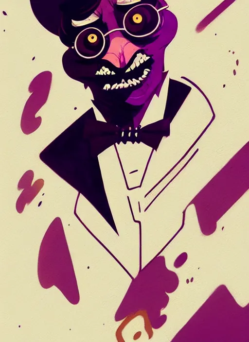 Image similar to highly detailed closeup of mayor humdinger by atey ghailan, by greg rutkowski, by greg tocchini, by james gilleard, by joe fenton, by kaethe butcher, gradient, purple,. gold, black, brown and white color scheme, grunge aesthetic!!! white graffiti tag wall background