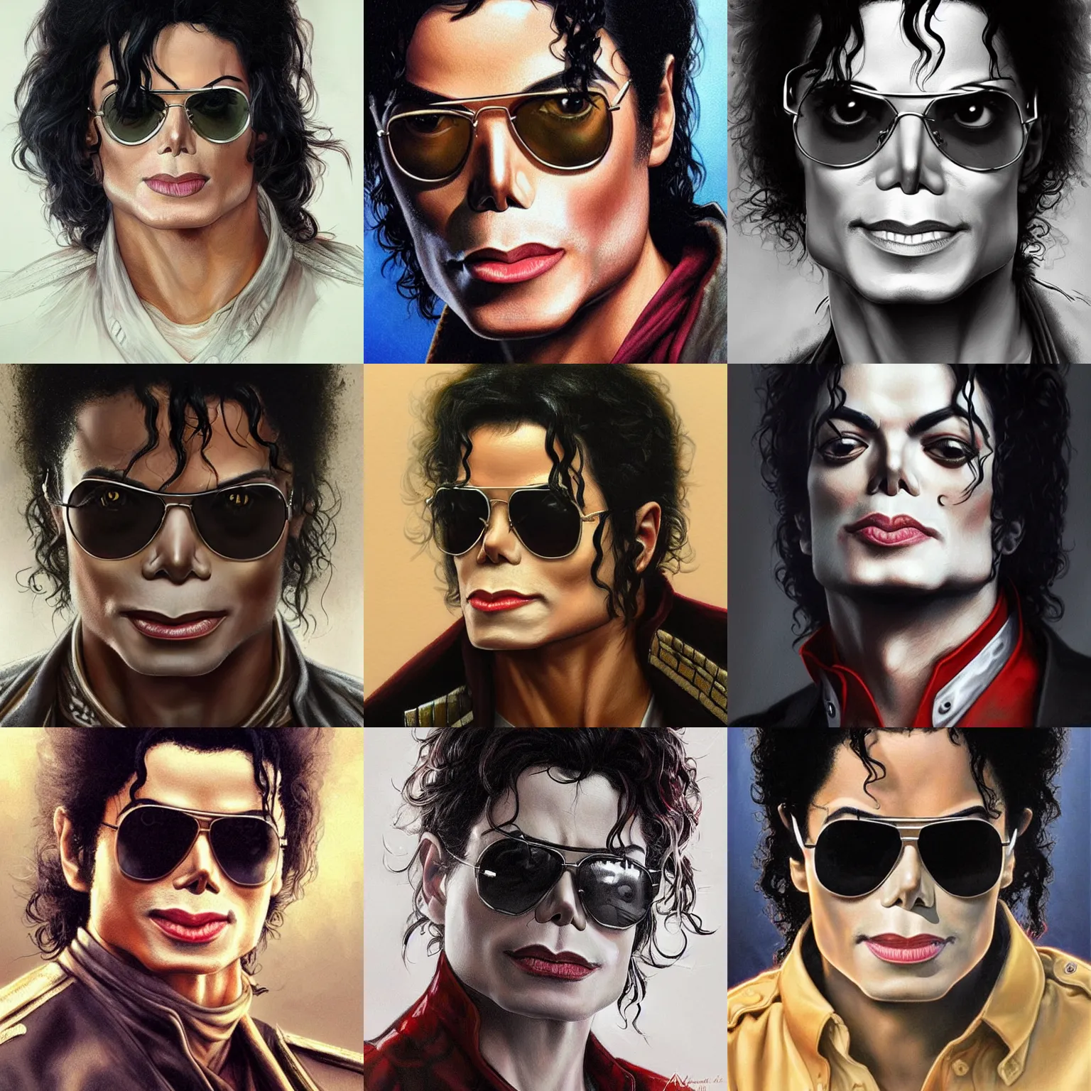 Prompt: michael jackson very close portrait of angry rugged gunman, muscular, sunglasses,upper body, 👅 👅 , D&D, fantasy, intricate, elegant, highly detailed, digital painting, artstation, concept art, smooth, sharp focus, illustration, art by artgerm and greg rutkowski and alphonse mucha