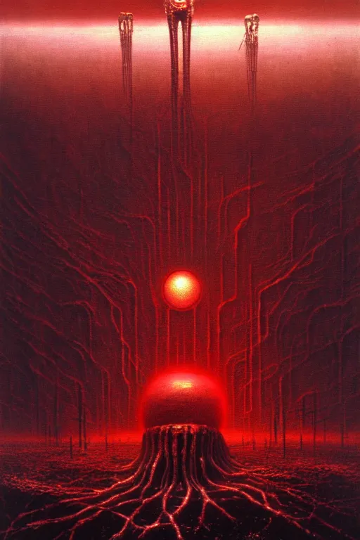 Prompt: the terrible fate of the world after nuclear war, ruined cities, ai robot tendril remnants, biomachine war against humanity, beksinski, giger, machine entity, glowing red eyes, ambient art wallpaper popular on artstation