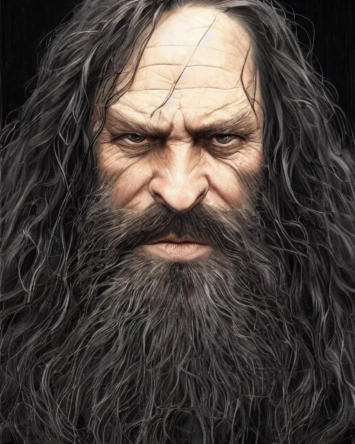 Prompt: portrait of a 6 0 - year - old giant man with long tangles of bushy black hair and beard hiding most of his face, kind eyes, wearing in black cloak, hyper realistic face, beautiful eyes, character art, art by mark brooks, hyperdetailed, cryengine, trending on artstation, digital art