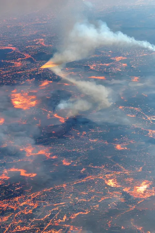 Image similar to airplane window view, aerial imagery, huge fire, very detailed, trending on artstation