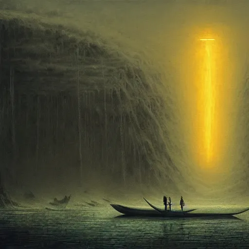 Image similar to ferrying deceased souls across the river and into the underworld, beksinski, dariusz zawadzki, very coherent symmetrical artwork. cinematic, hyper realism, high detail, octane render, 8 k