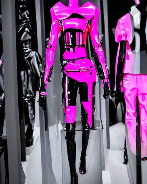 Image similar to an award winning fashion photograph of Balenciaga's fashion week 2049, cyberpunk, futuristic, Bladerunner 2049, dazzle camouflage!, dayglo pink, dayglo blue, raven black, corporate