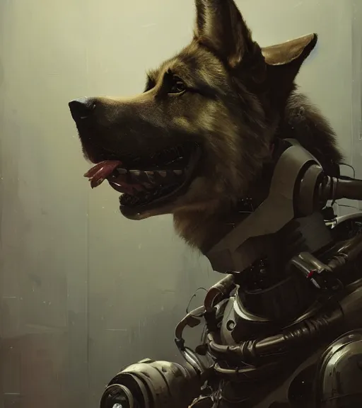 Image similar to studio portrait of furry anthro anthropomorphic german shepard head animal person fursona exposed machinery extremely detailed robot human android body military droid cybernetic cyberpunk digital art by Greg Rutkowski, Simon Stalenhag, trending on Artstation, CGSociety