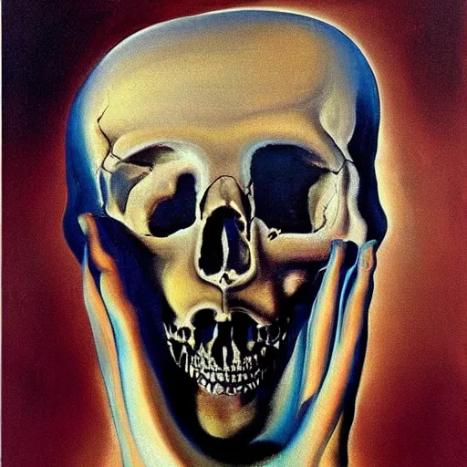 Image similar to a painting by Salvador Dali of a human skull that looks like it's melting, surreal