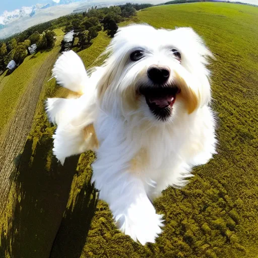 Image similar to a cream-colored havanese hang gliding, gopro photo, 4k