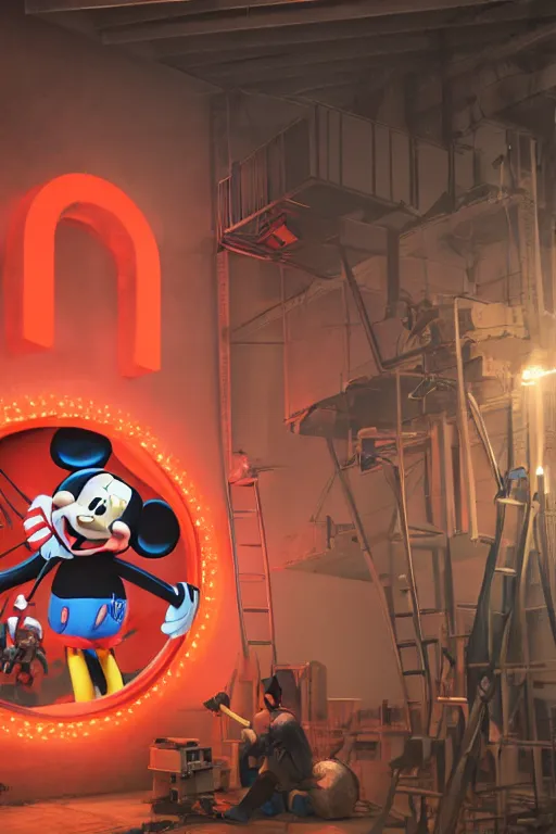 Image similar to workers / mechanic working on mickey mouse giant head, big red glowing netflix logo in behind wall, low cinematic lighting, front lit, beeple, cgsociety, unreal engine, octane render, trending on art station, highly detailed 4 k art, intricate, hyperr realistic