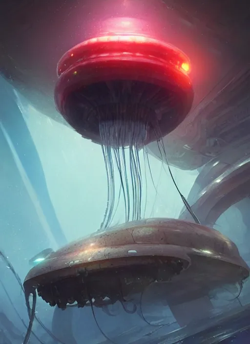 Image similar to jellyfish alien vehicle, sparks, ultra realistic, underwater temple, cinematic lighting, machines, highly detailed, sharp focus, artstation, masterpiece, art by greg rutkowski