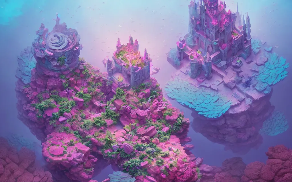 Image similar to stone castle in a coral reef by charlie bowater and anna dittmann and artgerm and clemens ascher, intricate, elegant, pink and blue and green mist, highly detailed, dramatic lighting, sharp focus, octane render, trending on artstation, artstationhd, artstationhq, unreal engine, 4 k, 8 k