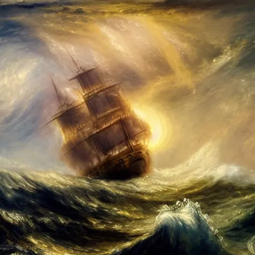 Image similar to kraken tentacles stormy sea steamship boat dramatic clouds painting style of turner