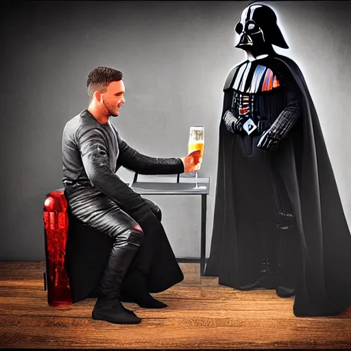 Prompt: Jesus Christ drink a beer with his best friend Darth Vader, realistic photography , unreal engin, 4k