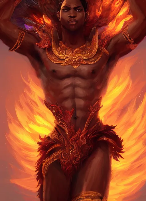 Image similar to a highly detailed illustration of attractive young african fire god with short hair, flaming feet and hands, heroic jumping pose, intricate, elegant, highly detailed, centered, digital painting, artstation, concept art, smooth, sharp focus, league of legends concept art, wlop