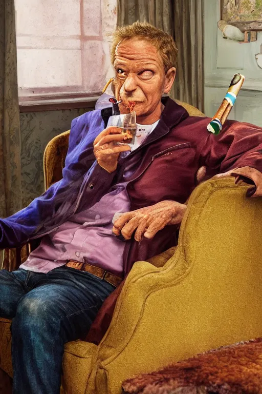 Image similar to still from kids tv show, retired barney, sitting in a lounge, sipping whiskey and smoking a cigar, oil on canvas, intricate, portrait, 8 k highly professionally detailed, hdr, cgsociety