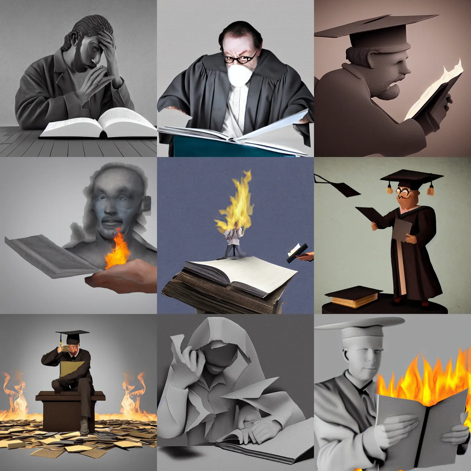 Image similar to 3d matte painting of Shocked Scholar holds burning academic paper