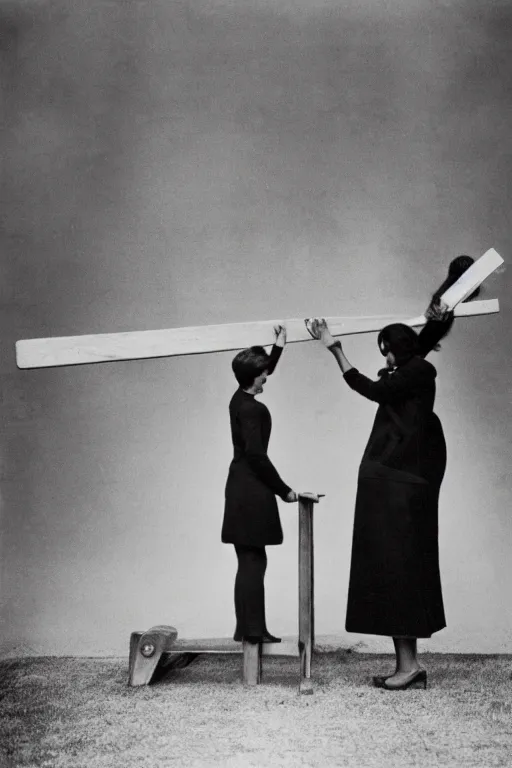 Prompt: a seesaw with a businesswoman on the left and cash on the right, photographed by Diane Arbus