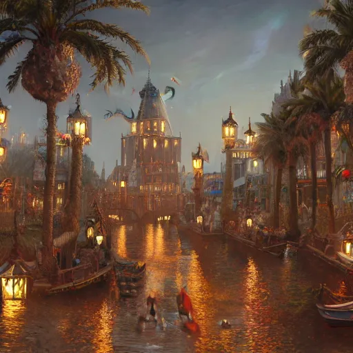 Prompt: a festive seaside magical village with witches and wizards, knights and scholars, inspired by victorian england and amsterdam, palm trees, highly detailed, intricate, digital painting, trending on artstation, concept art, matte painting, art by greg rutkwowski, craig mullins, octane render, 8 k, unreal engine