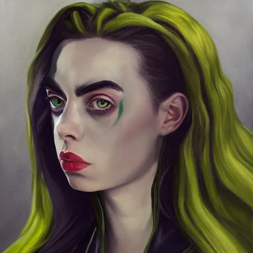 Image similar to Billie Eilish as female loki, oil on canvas, noir, trending on artstation, by Shigeru Miyamoto