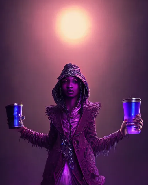 Image similar to future the rapper holding cup of codeine, purple liquid in cup glowing, fantasy, dramatic, intricate, elegant, highly detailed, digital painting, artstation, concept art, smooth, sharp focus, illustration, art by Gustave Dore, octane render