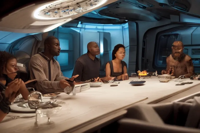 Image similar to movie diverse interracial small team of European sci-fi futuristic space explorers talking at the table in a spaceship kitchen, beautiful skin, Symmetrical faces. Beautiful lighting by Emmanuel Lubezki